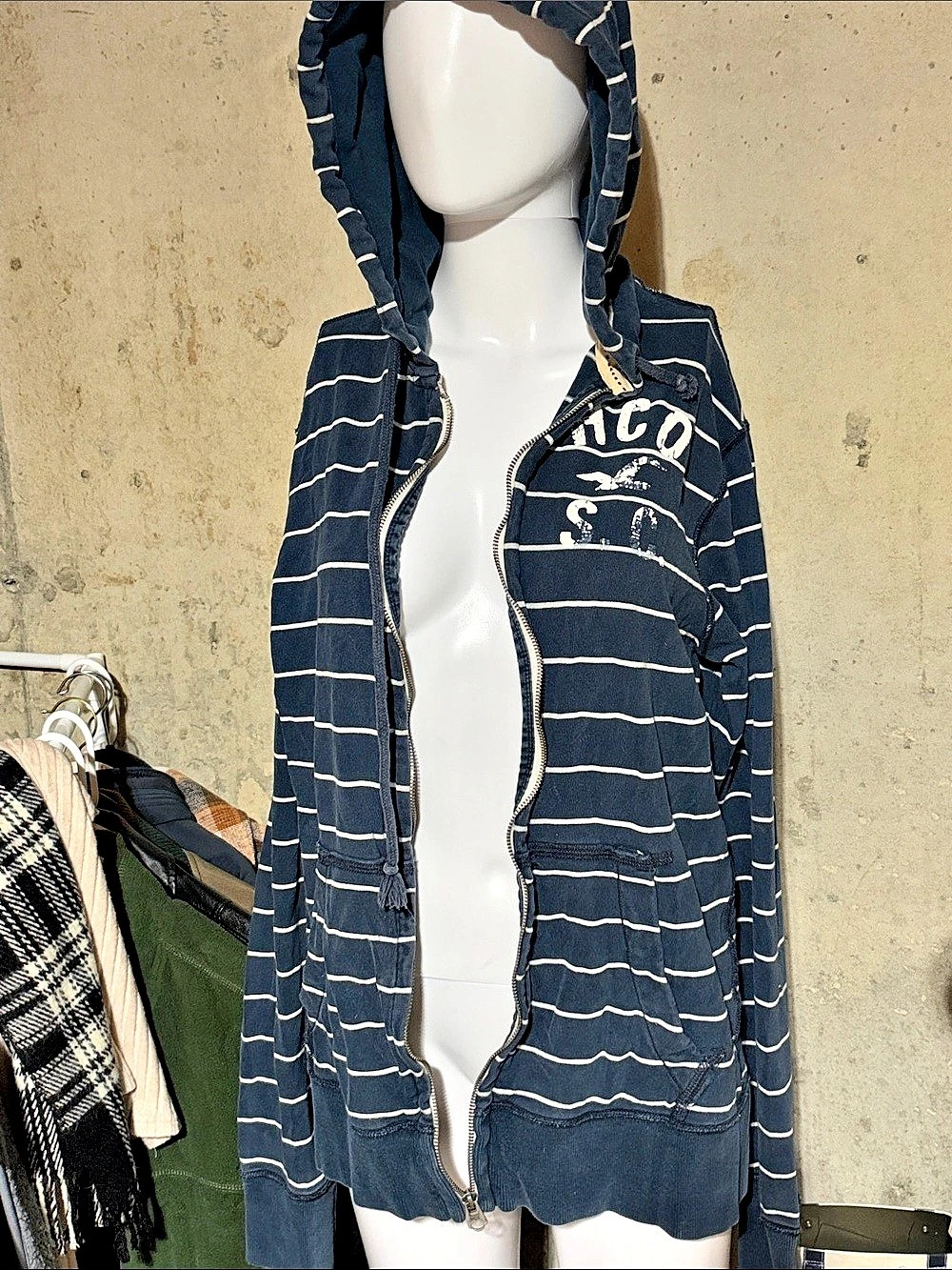 Hollister Striped Graphic Hoodie Blue & White Size Medium